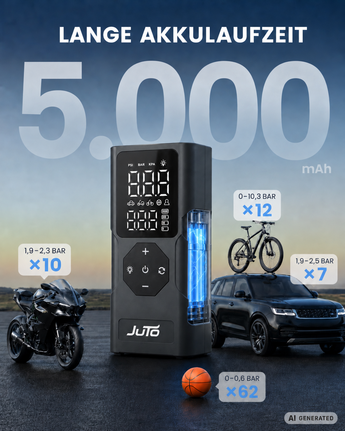 Air Pro X 100 – Elektrische Luftpumpe mit Powerbank | Akku-Pumpe für Fahrrad, Auto & Motorrad