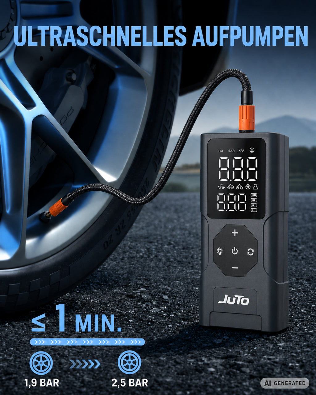 Air Pro X 100 – Elektrische Luftpumpe mit Powerbank | Akku-Pumpe für Fahrrad, Auto & Motorrad