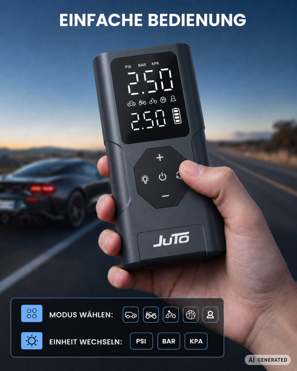 Air Pro X 100 – Elektrische Luftpumpe mit Powerbank | Akku-Pumpe für Fahrrad, Auto & Motorrad