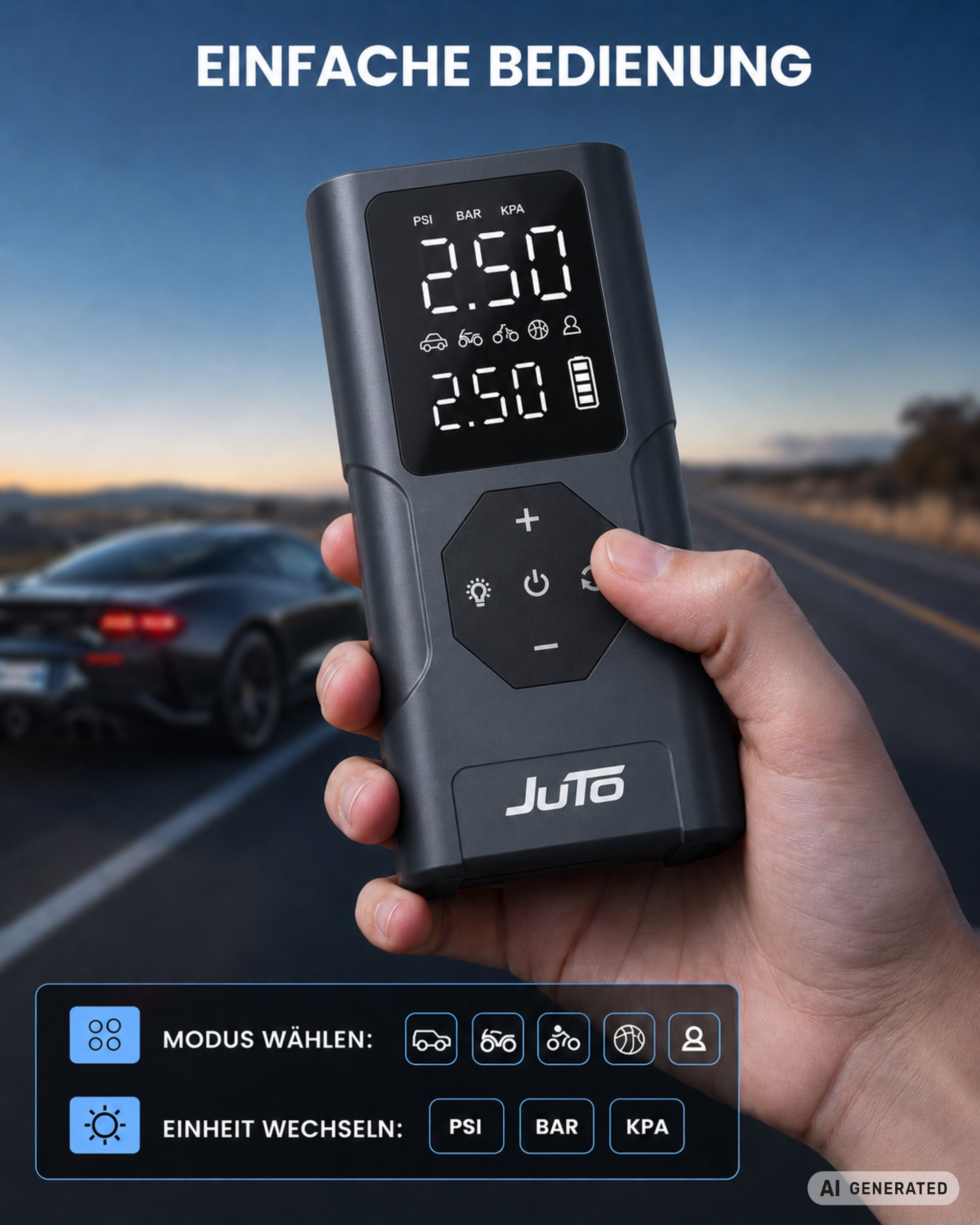 Air Pro X 100 – Elektrische Luftpumpe mit Powerbank | Akku-Pumpe für Fahrrad, Auto & Motorrad