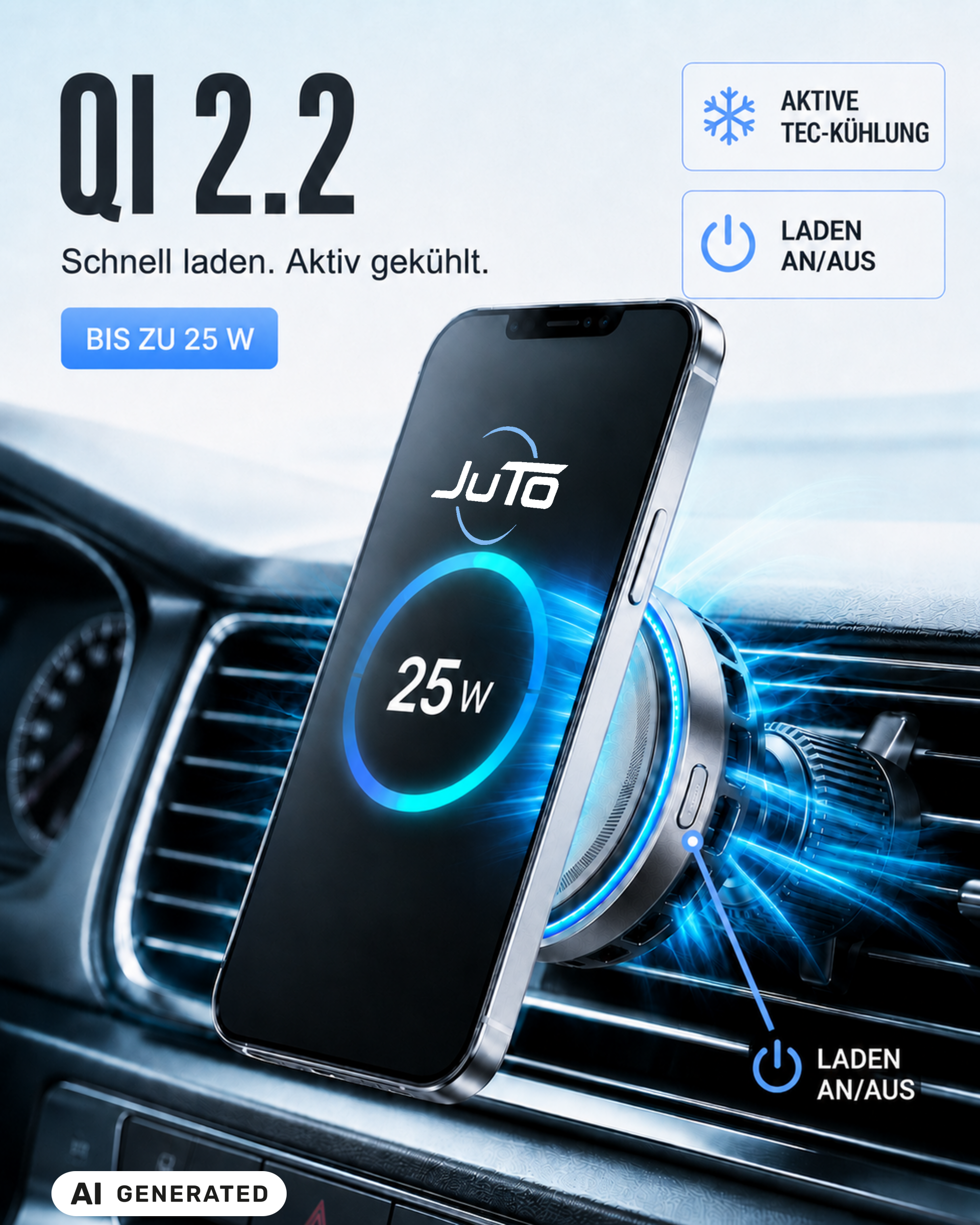 VentMag 25W Qi2.2 – Magnetischer KFZ-Handyhalter mit aktiver Kühlung & Ladefunktion